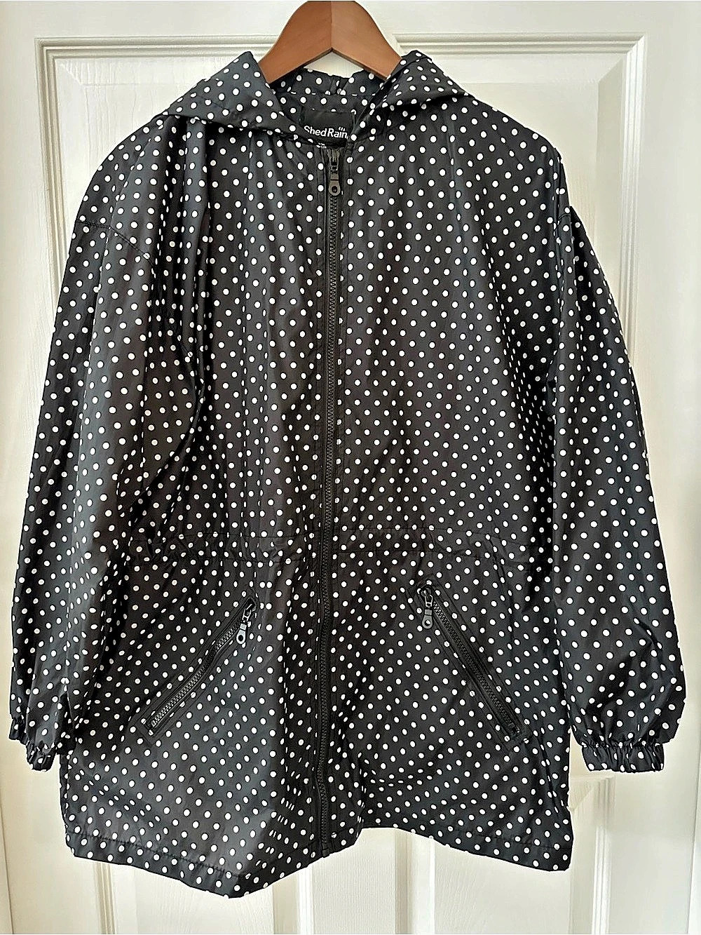 ShedRain Black & White Polka Dot Hooded Rain Jacket Windbreaker Size S/M Light
